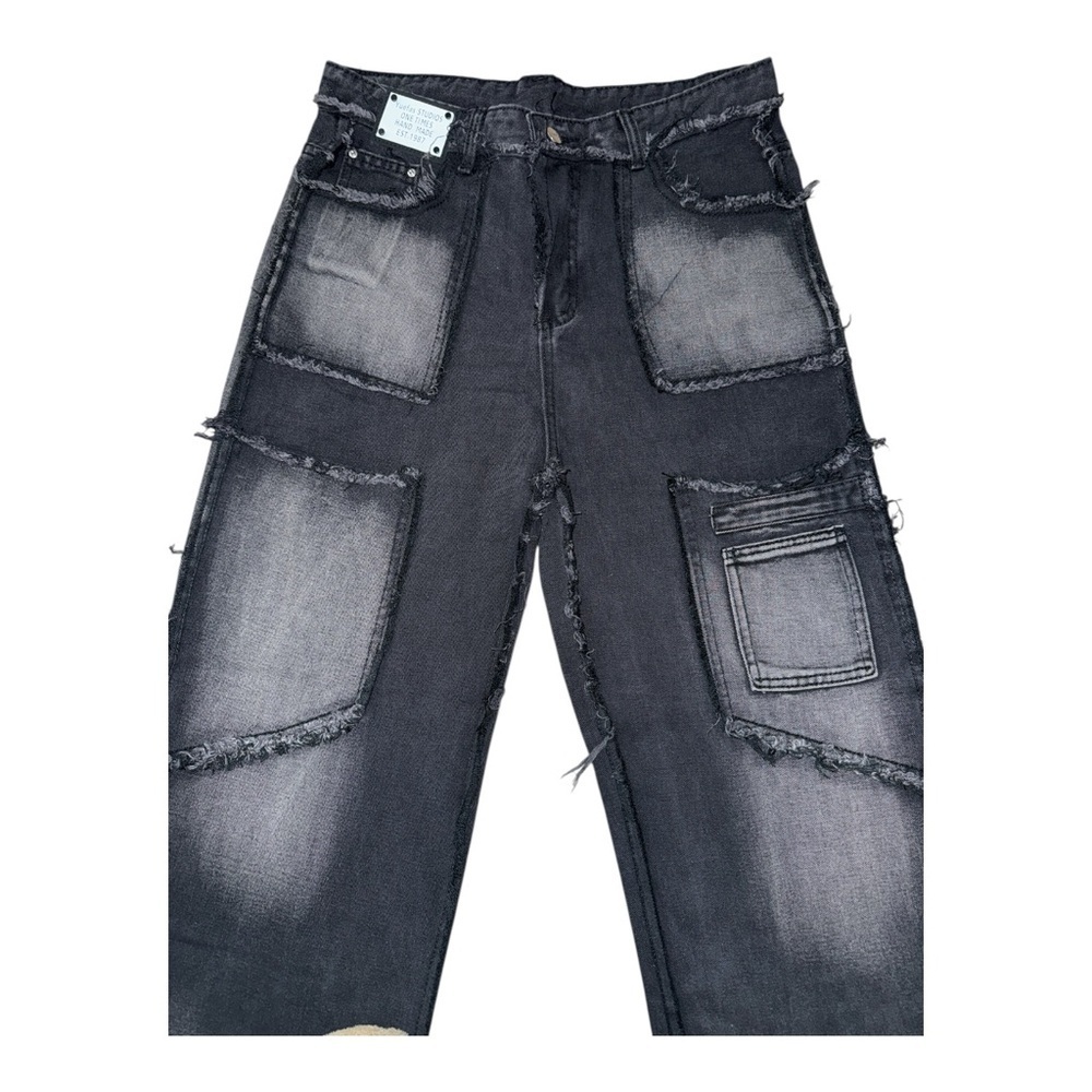 Yuefas Studios Black w 33” Deconstructed Jeans Wide Leg Indie Sleaze Y2K Grunge - Picture 4 of 9